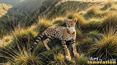 Lying in dry mountain grass, a spotted serval rests in late afternoon sun