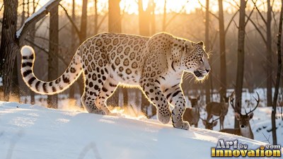 Thick spotted fur covers a leopard walking over snow in a winter forest at sunrise