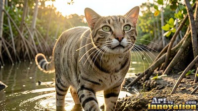 A striped fishing cat wades through shallow water in a mangrove swamp