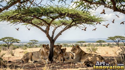 Under an acacia tree on the savanna, lions and small cubs rest in the shade