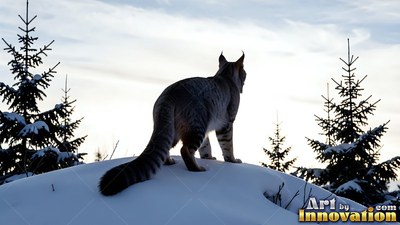Standing on a snowy ridge, a gray lynx looks out past dark pine trees into pale sky