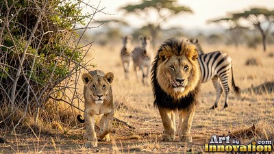 Two lions walking across a dry savanna near zebras