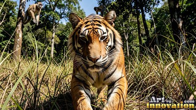 Striped orange face of a tiger walking through tall grass in a sunny green forest