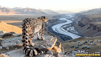 A snow leopard stands on a high cliff above a river valley in warm morning light
