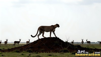 Standing in profile atop a dark mound, a spotted cheetah walks across a plain