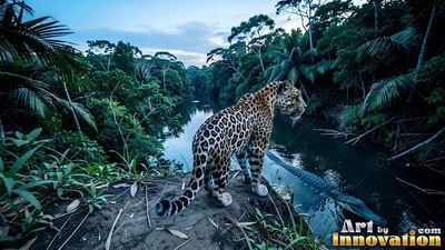 A spotted jaguar stands on a high dirt bank looking down at a river caiman