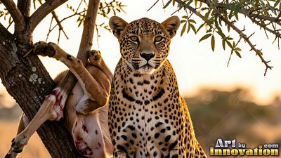 In a sunlit tree, a spotted leopard sits near an antelope carcass