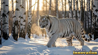 Walking through deep snow, a white tiger stalks past birch trees in low sunlight