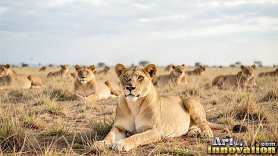 A pride of lions resting on dry grass across the savanna under daylight