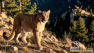 Tan fur covers a cougar standing on a rocky mountain ridge in the warm sunlight