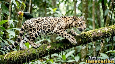 A spotted jaguar steps along a mossy fallen log in soft green forest light