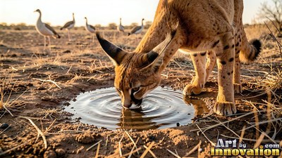 Bending low to drink, a serval laps water from a pool in dry savanna dirt