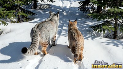 Two lynxes walk side by side away through deep snow between pine trees