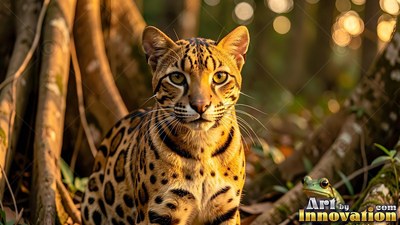 In a sunlit forest, a spotted ocelot sits near large tree roots beside a small green frog