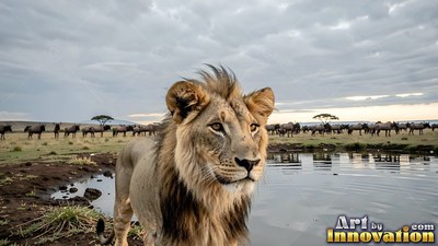 Pausing by a water hole, a young lion stands under cloudy savanna skies
