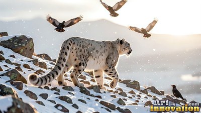 Spotted thick fur covers a snow leopard walking on a rocky, snowy hill under flying birds