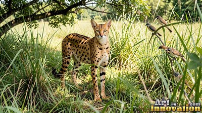 A serval stands in tall grass by perched birds under bright sunlight