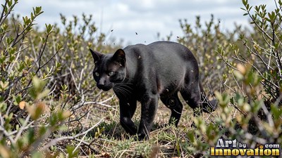 Prowling forward through low bushes, a muscular black cat steps in daylight