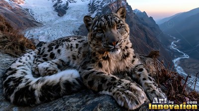 Resting on a high rocky cliff, a spotted snow leopard overlooks snowy peaks