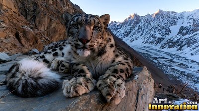A snow leopard rests on a rock above snowy mountains