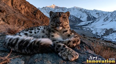Thick spotted fur covers a snow leopard resting on rocks before snowy peaks