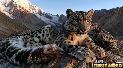 A snow leopard rests on a high rocky ridge touched by warm morning sunlight