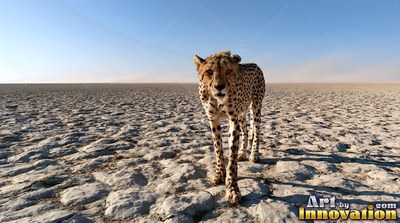 Facing forward, a cheetah walks across a cracked dry plain under a clear sky