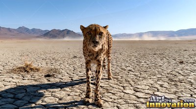 A cheetah stands on cracked dry ground in a sunny desert with mountains behind it
