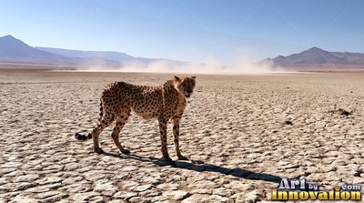 On cracked desert ground, a spotted cheetah stands under a bright blue sky