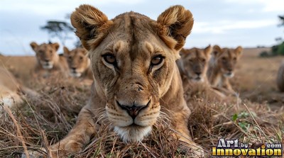 Lions lying together in dry brown savanna grass