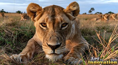 Scratches on the nose of a tawny lion resting low in dry savanna grass with other lions resting behind