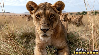 A lion lies resting in the savanna grass under bright hazy sunlight