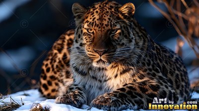 A spotted leopard rests on the cold snow with golden sunlight across its face