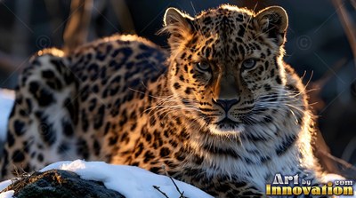In snowy woods, a spotted leopard rests on a rock in warm sunlight