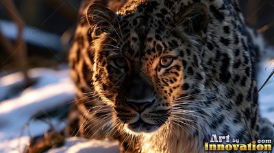 Crouching in the snow, a spotted leopard stares forward in warm morning sunlight