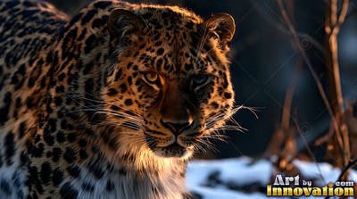 Leopard standing in snow with warm sunlight on its spotted face