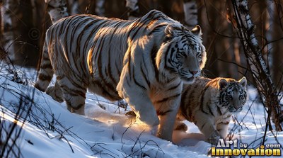 Black stripes on white fur mark a tiger and cub walking down a snowy slope in the woods