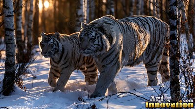 Two white tigers walk through snowy woods as warm morning sunlight filters through birch trees
