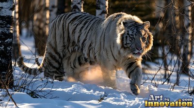 Prowling forward through deep snow, a white tiger walks in a birch forest