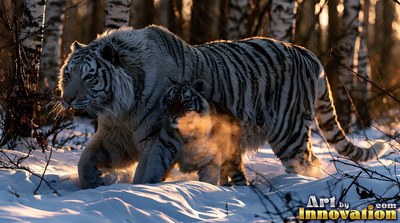 A white tiger and its cub walk through deep snow in a birch forest