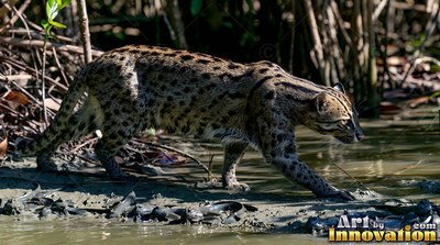 In a muddy wetland, a spotted fishing cat walks low along the murky water