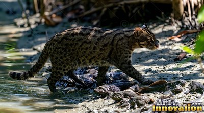 Prowling through shallow muddy water, a spotted wild cat walks along a riverbank