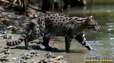 A spotted fishing cat walks through muddy shallow water