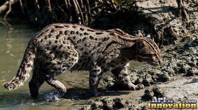 Spotted gray coat dripping, a fishing cat steps through shallow river water into mud