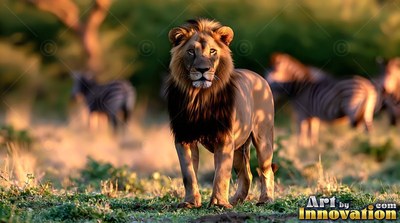 Standing in late sunlight, a dark-maned lion looks forward on grassy ground near zebras