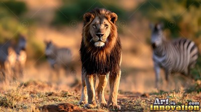 A lion stands on dry grassland with zebras blurred in the distance