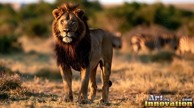 Dark mane framing its face, a lion stands on dry golden grass under warm sunlight