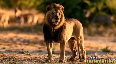 A lion stands on dry grass, lit from the side by warm golden evening sun
