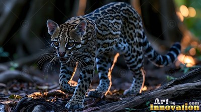 Prowling forward on a shaded jungle floor, a spotted ocelot steps toward the light