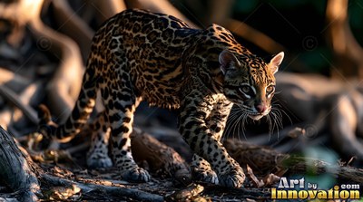 A spotted ocelot walks over tree roots in the warm forest light
